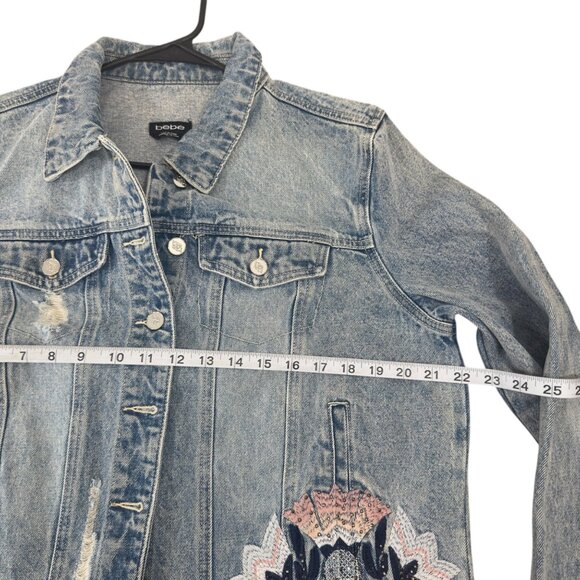Bebe Distressed Denim Jacket W/ Embroidered Mandala Design & Raw Hem - Womens XL - Picture 5 of 15